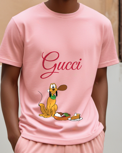 Blush Pink Pluto Sitting Beside Food Bowl Graphic T-Shirt - model wearing view