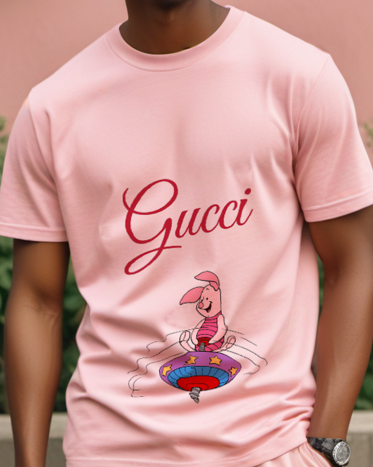 Blush Pink Piglet Spins On Colorful Toy Graphic T-Shirt - model wearing view