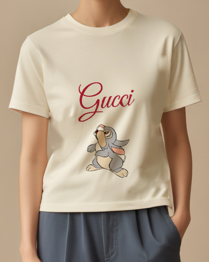 Ivory Rabbit Upward Gaze Graphic T-Shirt - model wearing view