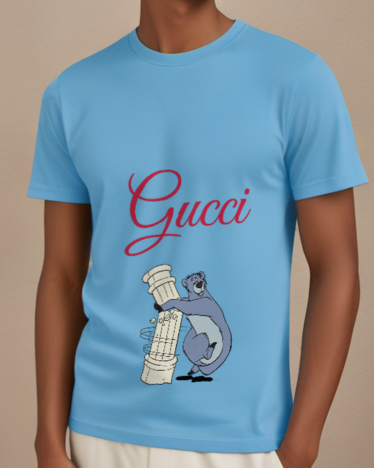 Dusty Blue Blue Bear Tall Book Stack Graphic T-Shirt - model wearing view