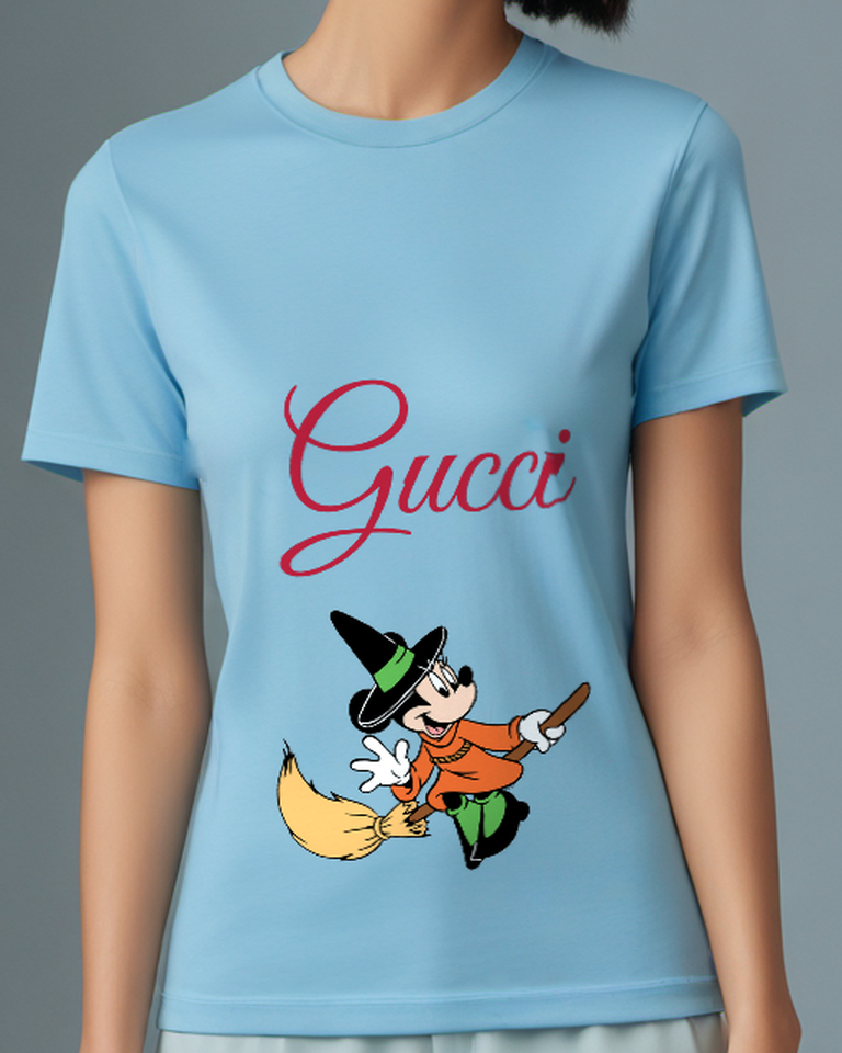 Sky Blue Minnie Mouse Witch Flying On Broom Graphic T-Shirt - model wearing view