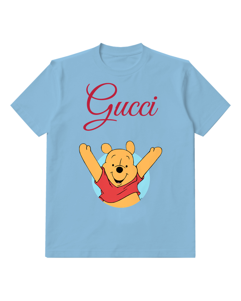 Sky Blue Arms Raised Yellow Bear Graphic T-Shirt - front product view