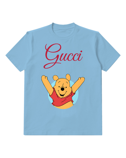 Sky Blue Arms Raised Yellow Bear Graphic T-Shirt - front product view