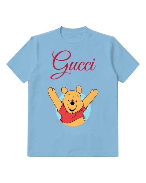 Sky Blue Arms Raised Yellow Bear Graphic T-Shirt - front product view