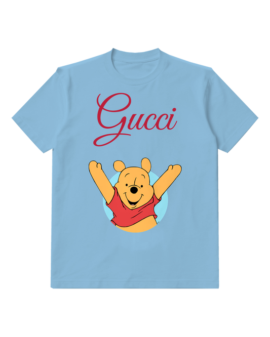 Sky Blue Arms Raised Yellow Bear Graphic T-Shirt - front product view