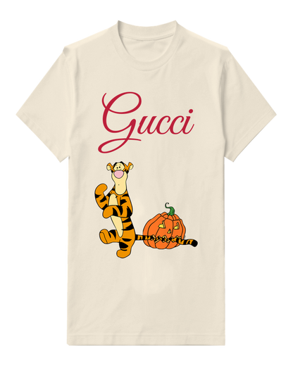 Ivory Tiger Beside Carved Pumpkin Graphic T-Shirt - front product view