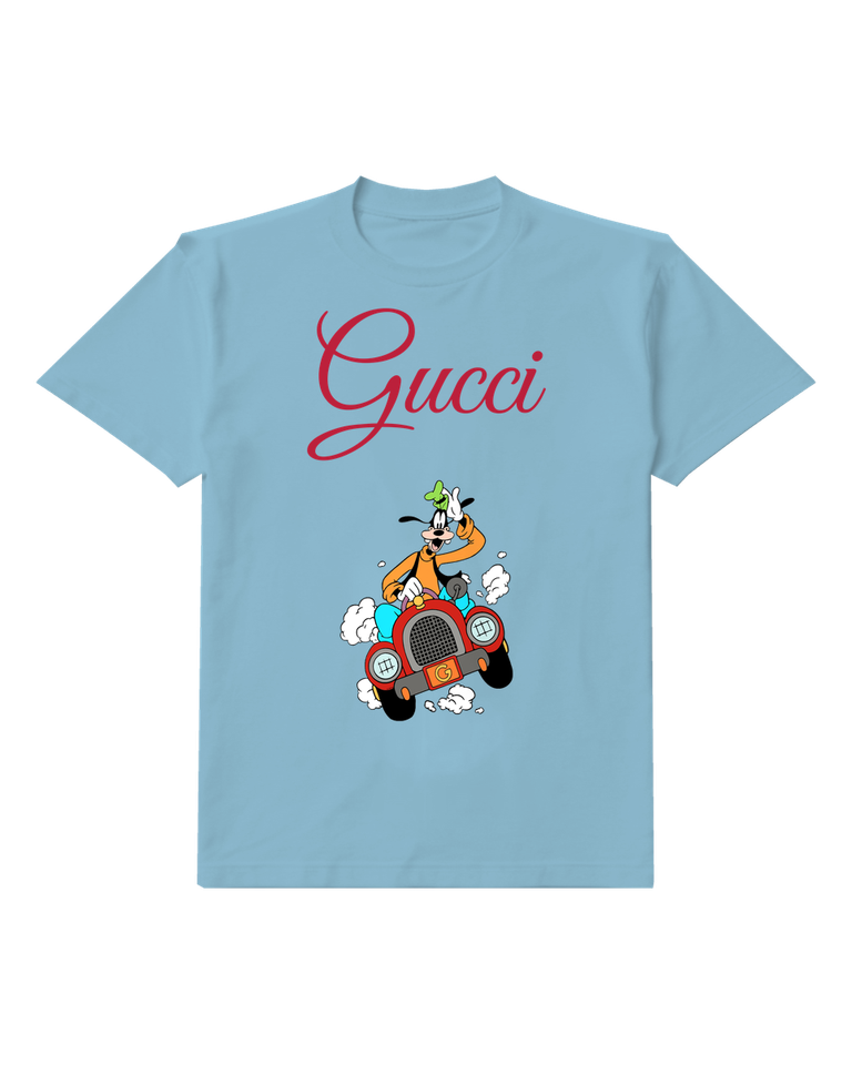 Sky Blue Goofy Driving Red Car Graphic T-Shirt - front product view