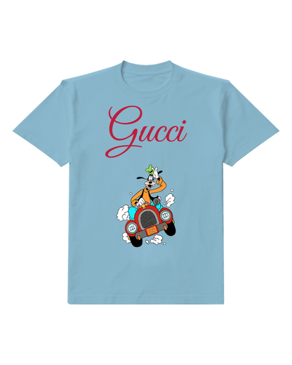 Sky Blue Goofy Driving Red Car Graphic T-Shirt - front product view