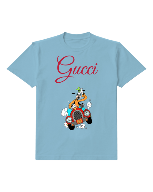 Sky Blue Goofy Driving Red Car Graphic T-Shirt - front product view