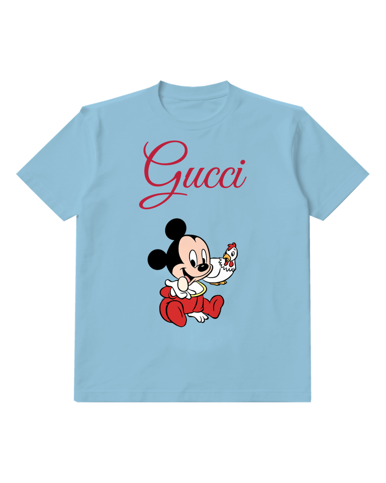 Sky Blue Baby Mickey Holding Chicken Graphic T-Shirt - front product view
