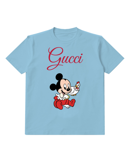 Sky Blue Baby Mickey Holding Chicken Graphic T-Shirt - front product view