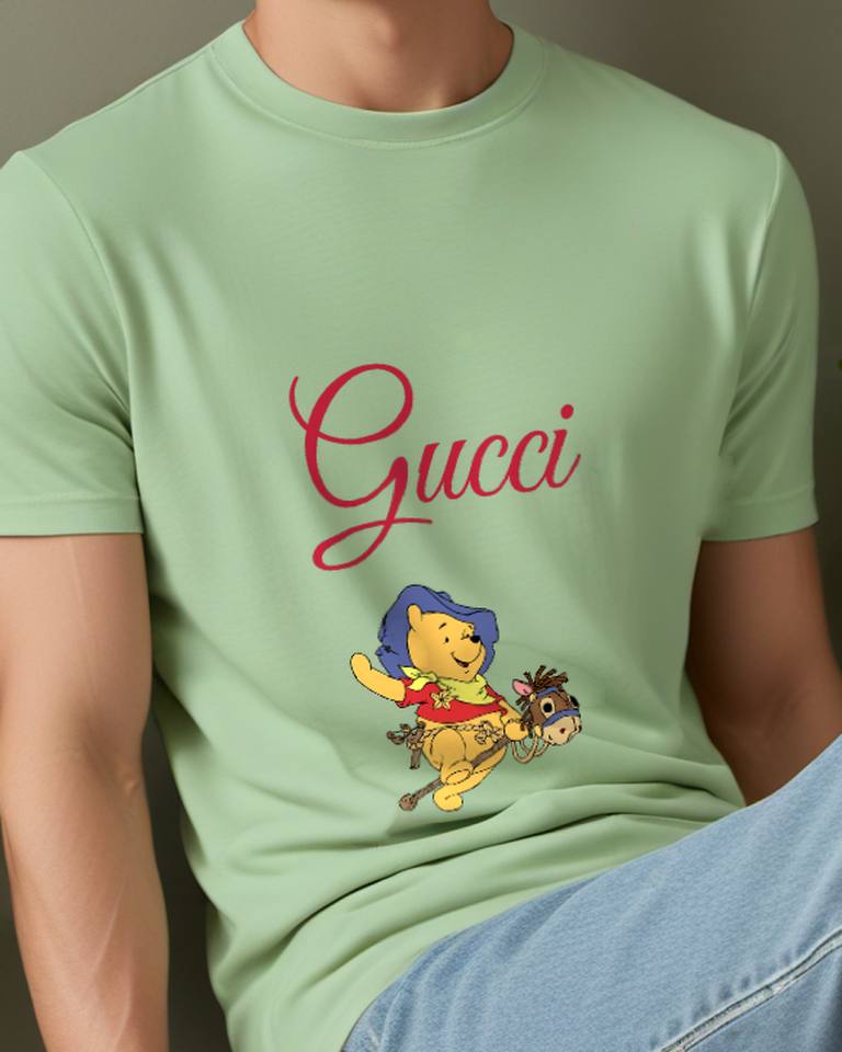 Sage Green Winnie The Pooh Riding Horse Graphic T-Shirt - model wearing view