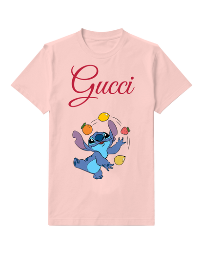 Blush Pink Blue Creature Juggling Fruit Graphic T-Shirt - front product view