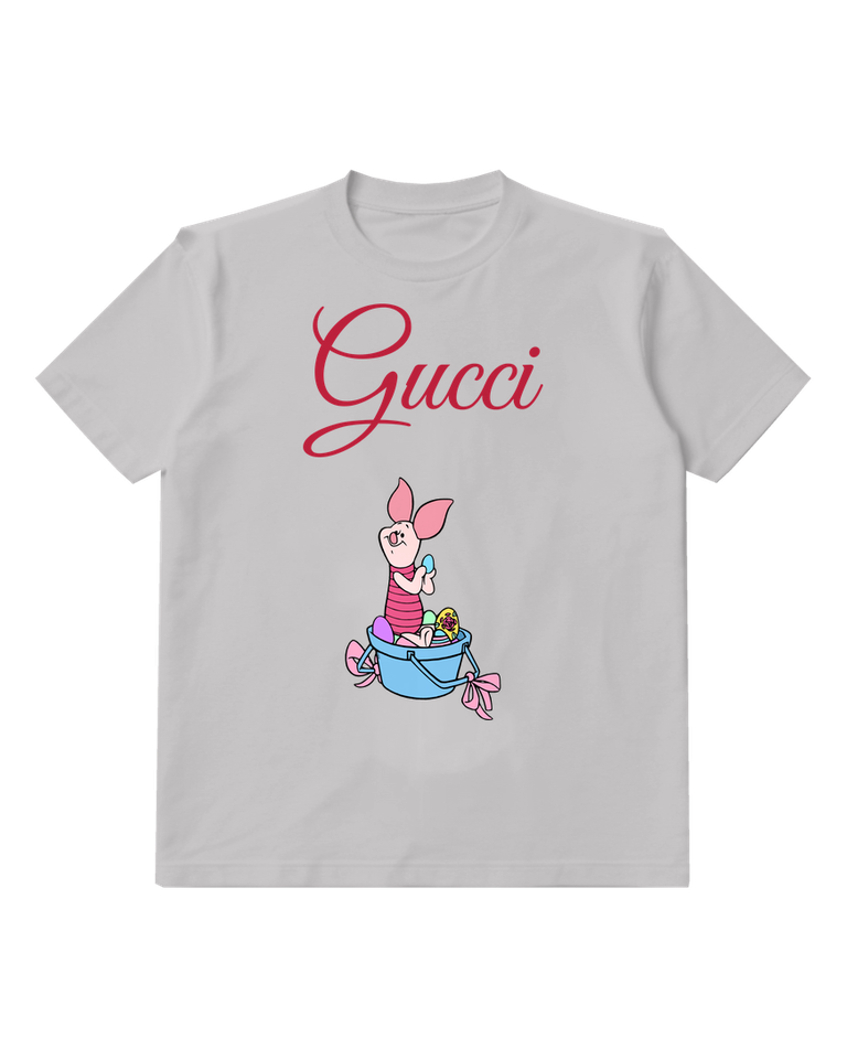 Light Gray Piglet Holding Egg In Bucket Graphic T-Shirt - front product view