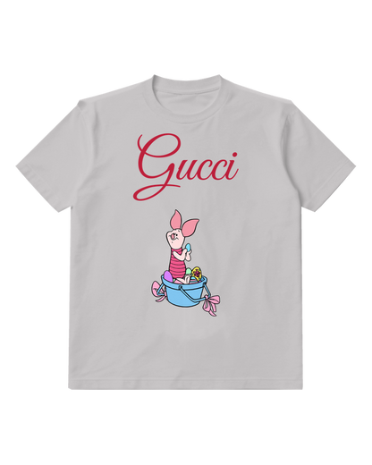 Light Gray Piglet Holding Egg In Bucket Graphic T-Shirt - front product view