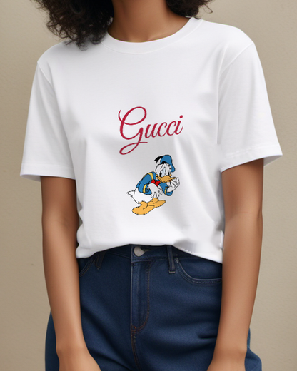 White Donald Duck Leaning Forward Hand On Chin Graphic T-Shirt - model wearing view