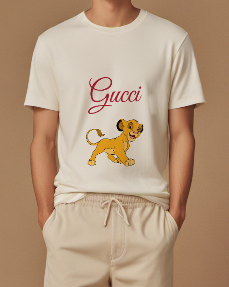 Ivory Profile Walking Lion Cub Graphic T-Shirt - model wearing view
