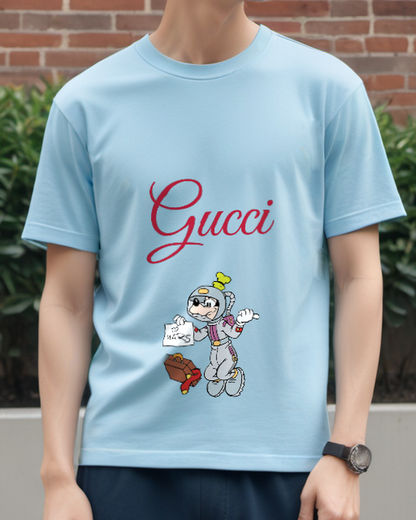 Sky Blue Goofy In Space Suit Holding Sign Graphic T-Shirt - model wearing view