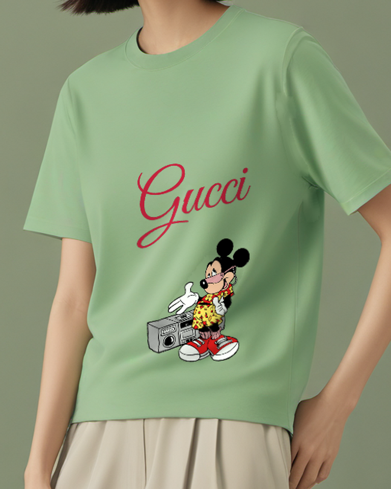 Sage Green Mickey Mouse Thumbs Up Boombox Graphic T-Shirt - model wearing view