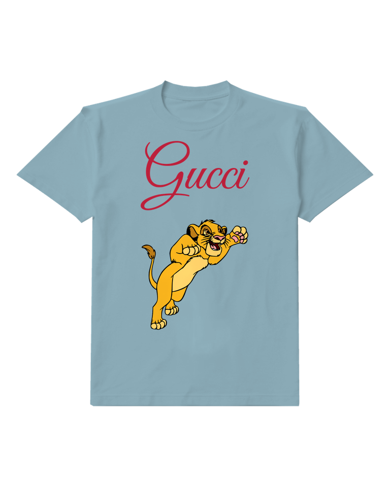 Dusty Blue Leaping Lion And Bird Graphic T-Shirt - front product view
