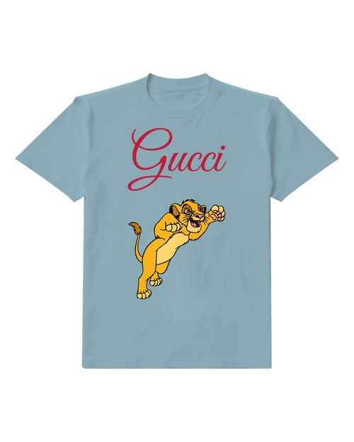Dusty Blue Leaping Lion And Bird Graphic T-Shirt - front product view