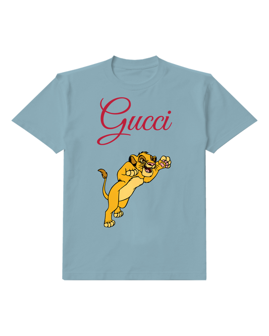 Dusty Blue Leaping Lion And Bird Graphic T-Shirt - front product view