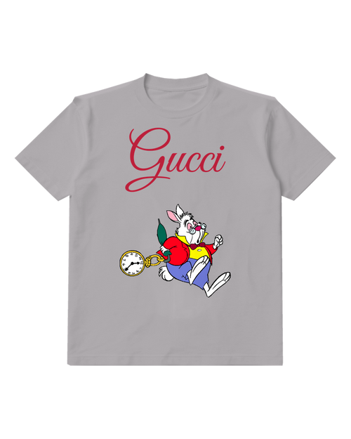 Gray White Rabbit Running With Pocket Watch Graphic T-Shirt - front product view