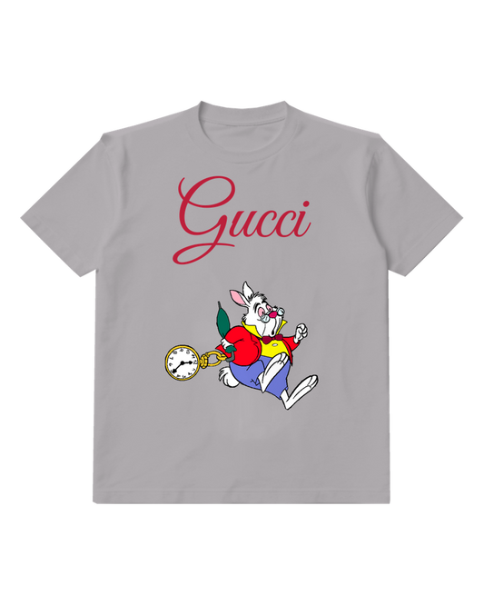 Gray White Rabbit Running With Pocket Watch Graphic T-Shirt - front product view