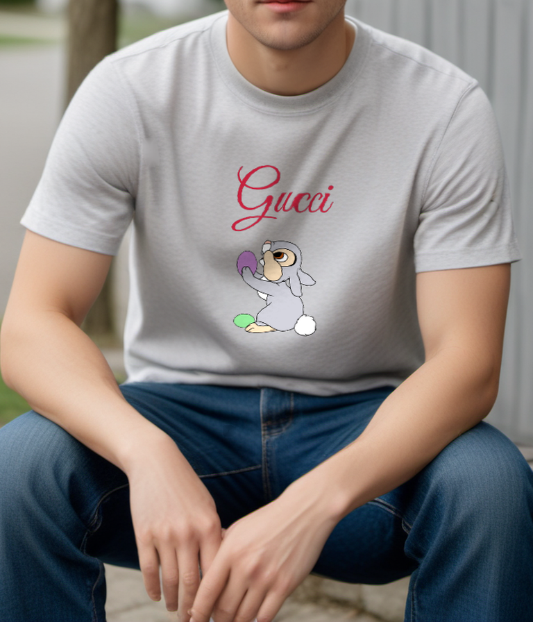 Light Gray Rabbit with Colorful Eggs Graphic T-Shirt - styled view 1