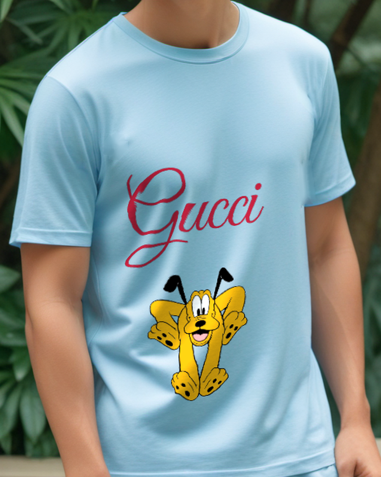 Sky Blue Pluto Running Forward Excitedly Graphic T-Shirt - model wearing view