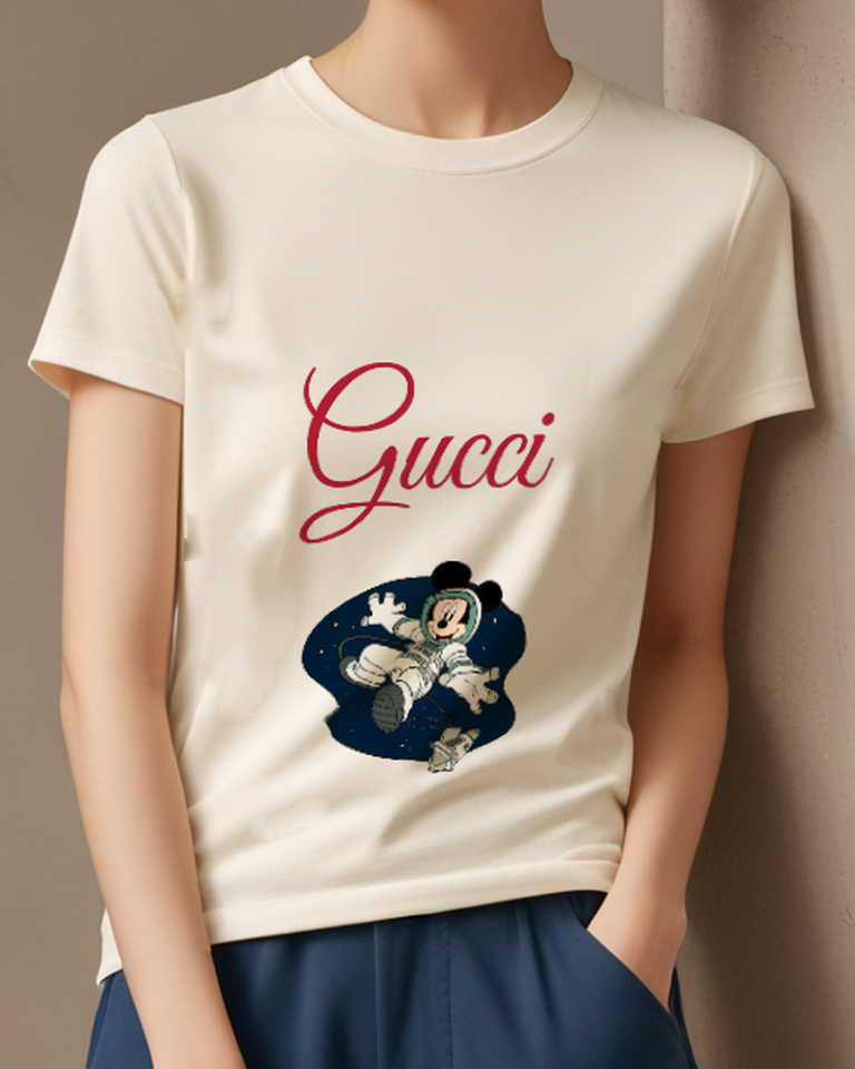Ivory Mickey Mouse Astronaut Floating In Space Graphic T-Shirt - model wearing view
