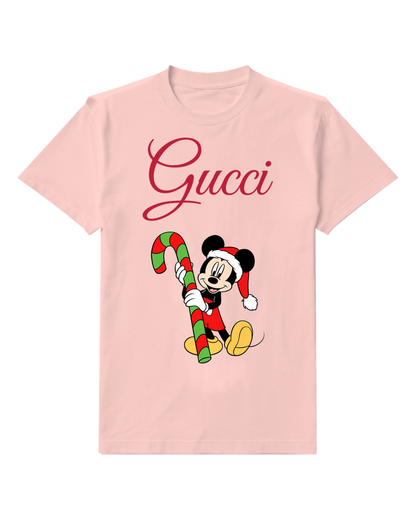 Blush Pink Mickey Mouse Holds Giant Candy Cane Graphic T-Shirt - front product view