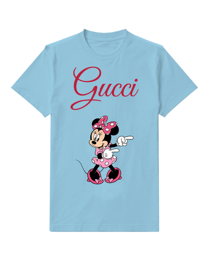 Sky Blue Minnie Mouse Pointing With Both Hands Graphic T-Shirt - front product view