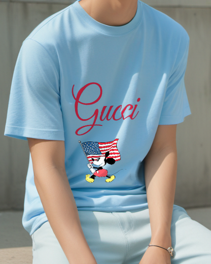 Dusty Blue Mickey Mouse Holding American Flag Graphic T-Shirt - model wearing view