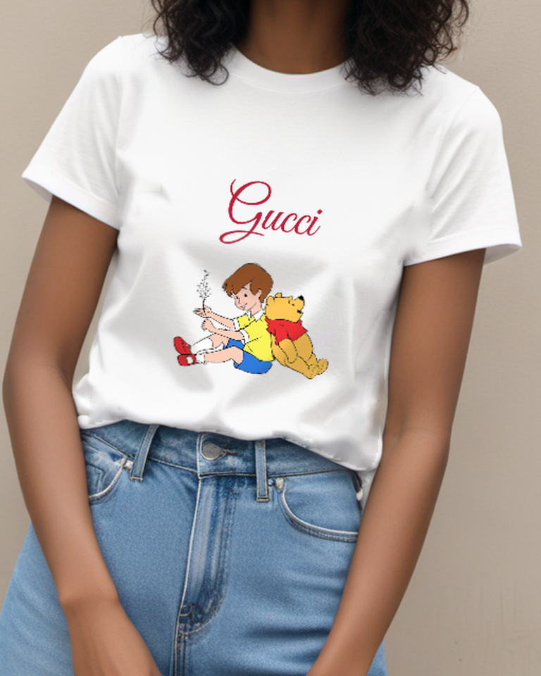 White Christopher Robin Holds Plant With Bear Graphic T-Shirt - model wearing view