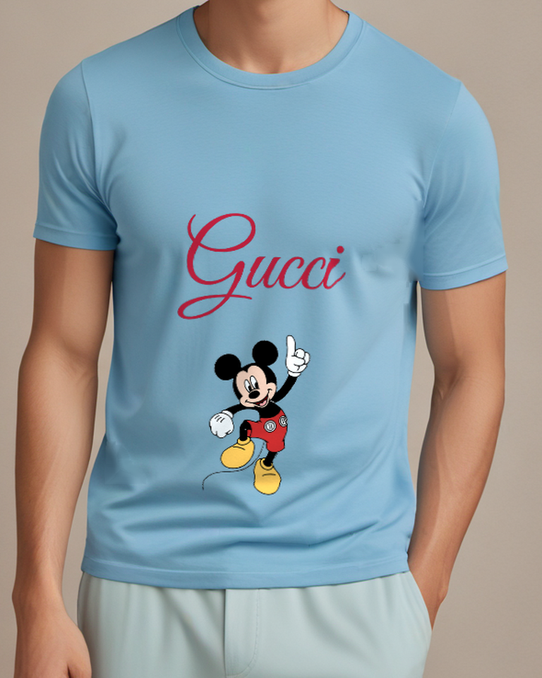 Sky Blue Pointing Mouse Lifted Shoe Graphic T-Shirt - model wearing view