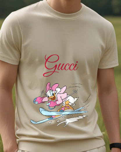 Tan Daisy Duck Skiing Downhill Graphic T-Shirt - model wearing view