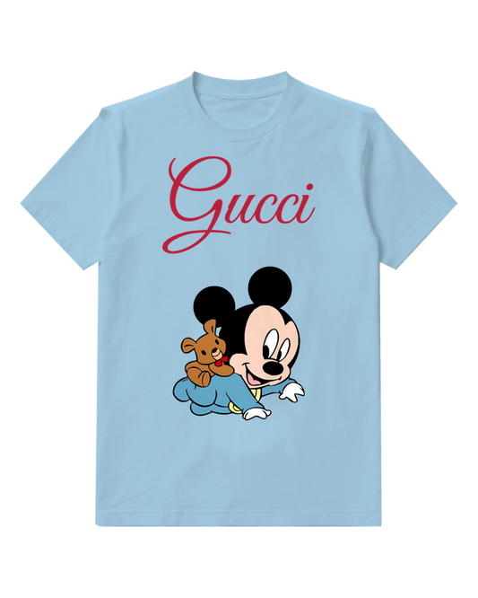 Sky Blue Baby Mickey Holding Teddy Bear Graphic T-Shirt - front product view