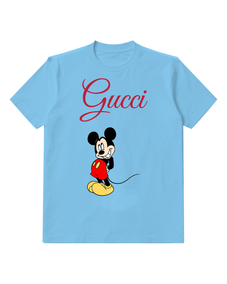 Sky Blue Mickey Mouse Standing Smiling Wearing Red Shorts Graphic T-Shirt - front product view