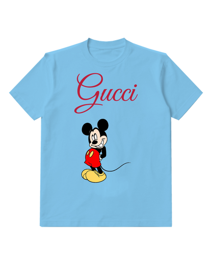 Sky Blue Mickey Mouse Standing Smiling Wearing Red Shorts Graphic T-Shirt - front product view
