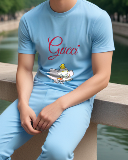 Dusty Blue Standing Elephant Yellow Hat Graphic T-Shirt - model wearing view