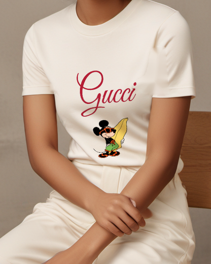 Ivory Mickey Mouse Holding Surfboard Graphic T-Shirt - model wearing view