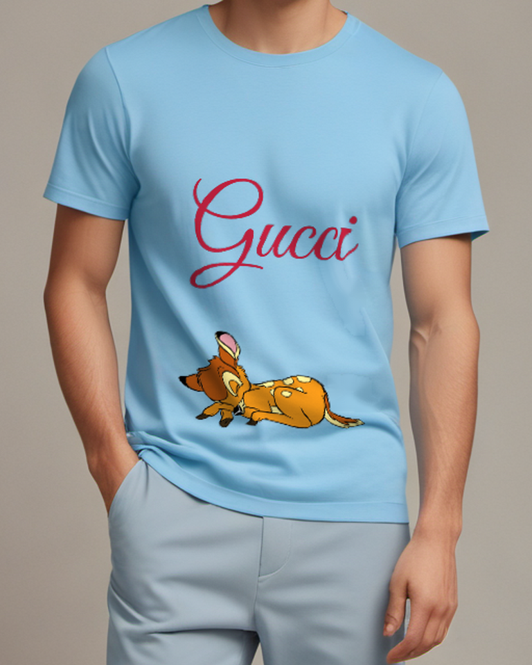 Sky Blue Curled Resting Fawn Graphic T-Shirt - model wearing view