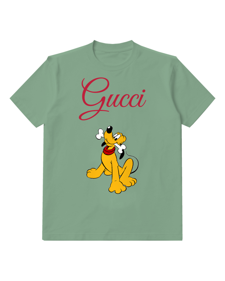 Sage Green Pluto Sitting With Bone In Mouth Graphic T-Shirt - front product view