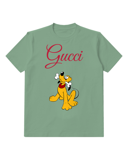 Sage Green Pluto Sitting With Bone In Mouth Graphic T-Shirt - front product view