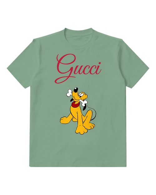 Sage Green Pluto Sitting With Bone In Mouth Graphic T-Shirt - front product view
