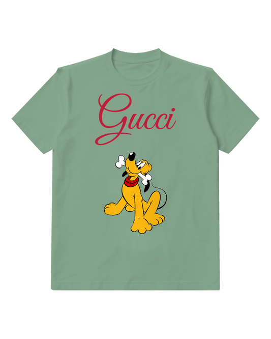 Sage Green Pluto Sitting With Bone In Mouth Graphic T-Shirt - front product view
