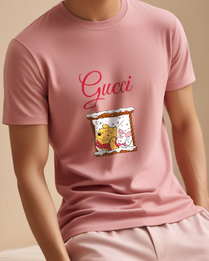 Blush Pink Piglet Sits Beside Pooh In Snowy Window Graphic T-Shirt - model wearing view
