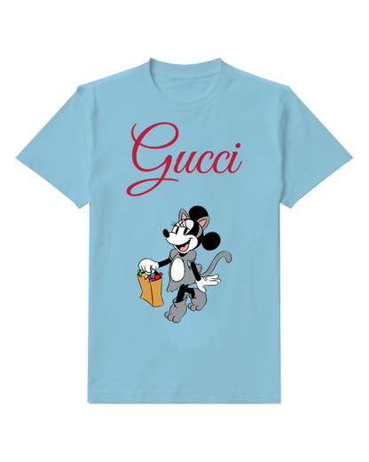 Sky Blue Mouse Holding Shopping Bag Graphic T-Shirt - front product view