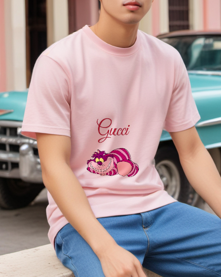 Dusty Pink Striped Grinning Cat Graphic T-Shirt - styled view 5